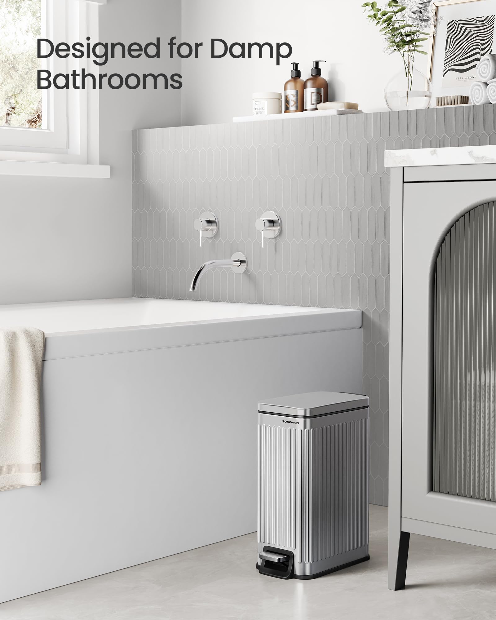 SONGMICS Badezimmer-Mülleimer, 6 l, Mülleimer mit Deckel, schmal für kleine Räume, Edelstahl-Mülleimer, Soft-Close, Silber ULTB563E01