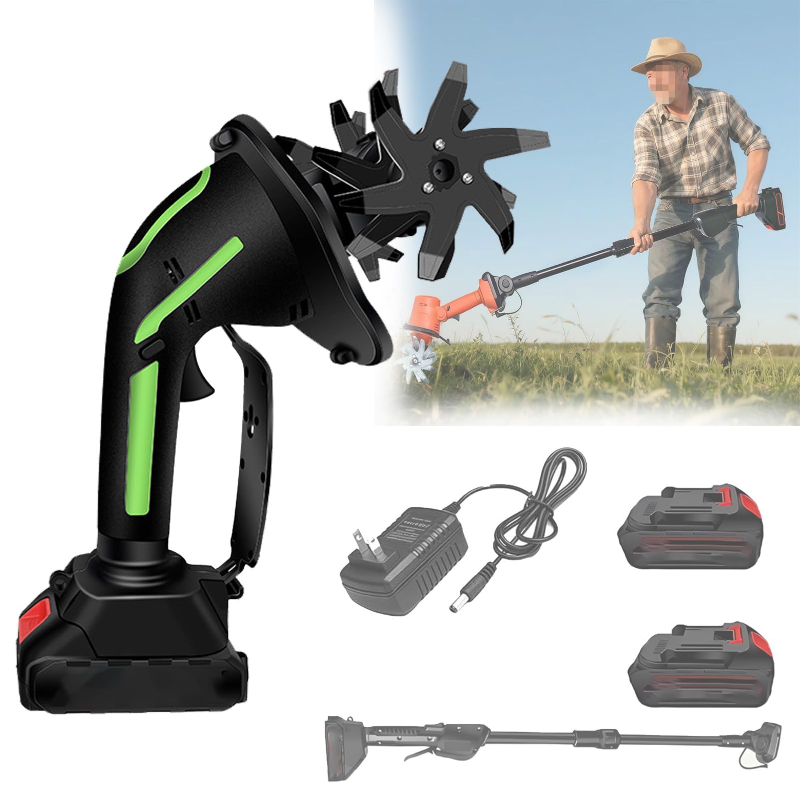 Pnpaea 21V Cordless Mini Tiller Cultivator, 235 RPM Electric Garden Rotavator with 2 Battery,Hand-Held Micro Tiller Weeding Machine, for Gardening, Lawn, Greenhouse Green-withPole