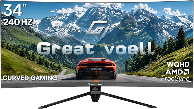 Great voell 34 Inch Ultrawide Curved Gaming Monitor, 240Hz WQHD, 1ms, 21:9 | 3440x1440p Display, 127% sRGB, G-Sync & FreeSync, 1500R immersive VA panel, HDR, PIP/PBP, DP1.4 & HDMI 2.0 Pro Gaming