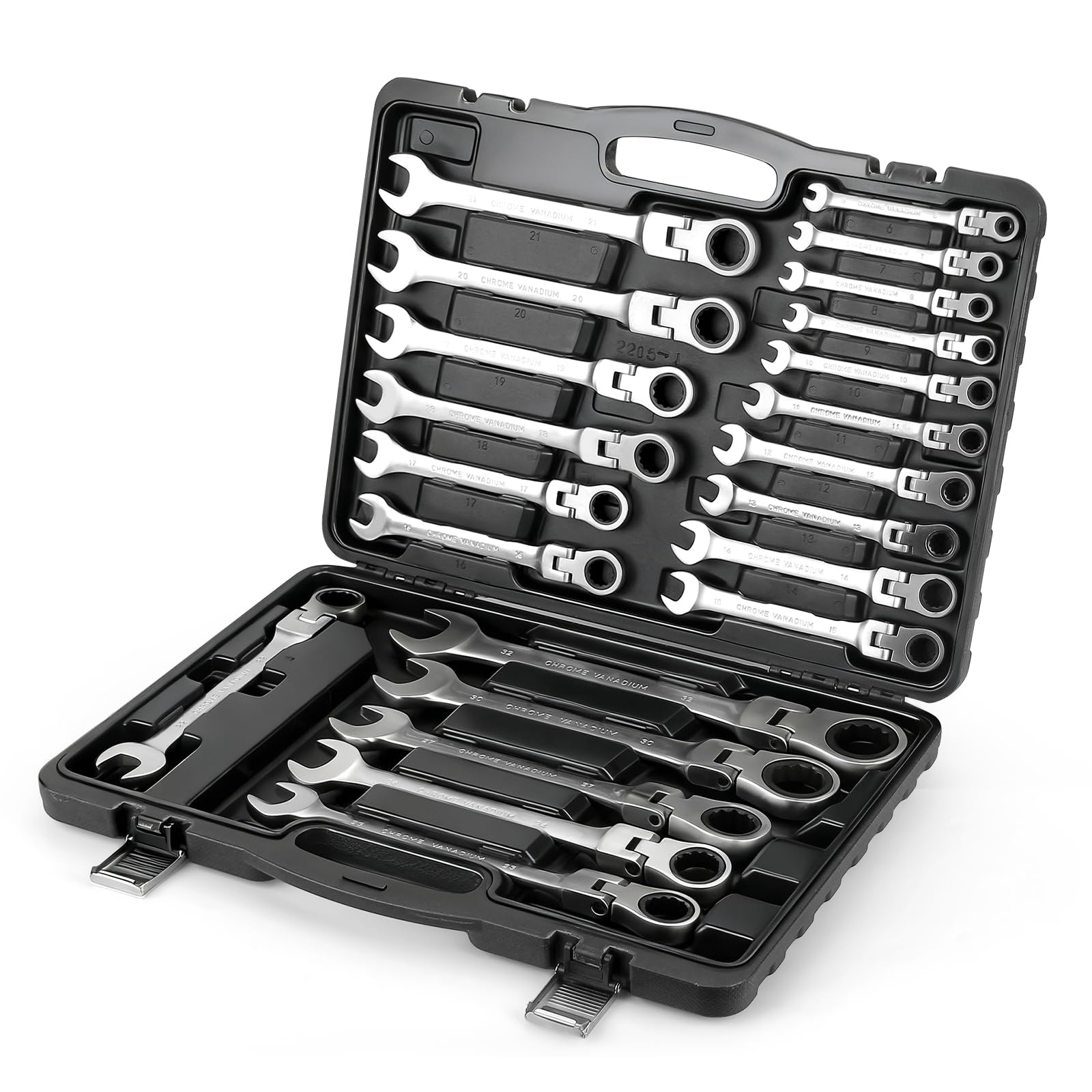 WALTER STAHL 22-tlg. Ratschenschlüsselset, flexible Ringmaulschlüssel | 6–32 mm mit Flexkopf und Ratsche, 72 Zähne, Cr-V-Stahl, für Auto- und Industriewartung