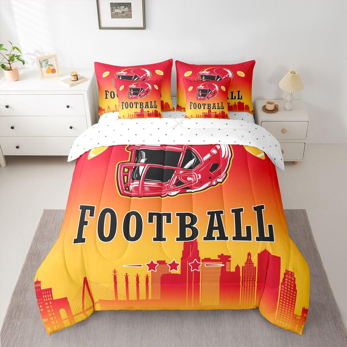 Erosebridal American Soccer Comforter Set with Sheets Full Boys Football Fans 7 Pcs Bedding Set American Rugby Sports Bed in A Bag for Kids Teen Adults,City Silhouette Ball Games Bed Set