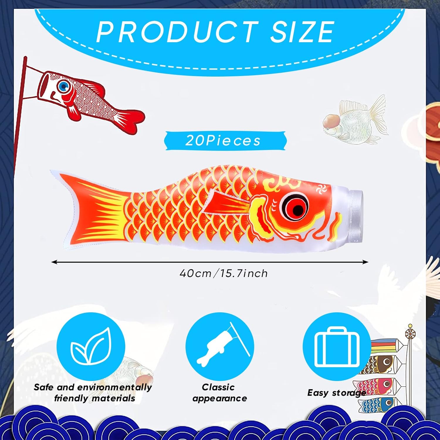 Boao 20 Pcs Japanese Carp Windsock Fish Flag Kite 15.7 Inch Japanese Hanging Windsocks for Garden Backyard Home Outdoor Sushi Bar Restaurant Decoration (Stylish)