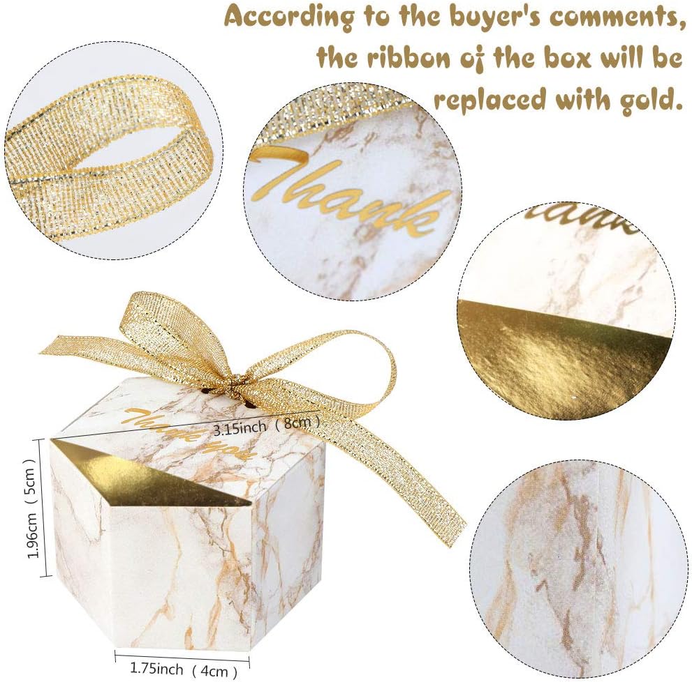 AerWo 50pcs Marble Wedding Party Favor Boxes, Gold Candy Boxes Bags Hexagonal Chocolate Treat Gift Boxes with Ribbons for Bridal, Baby Shower Birthday Decoration - Image 3