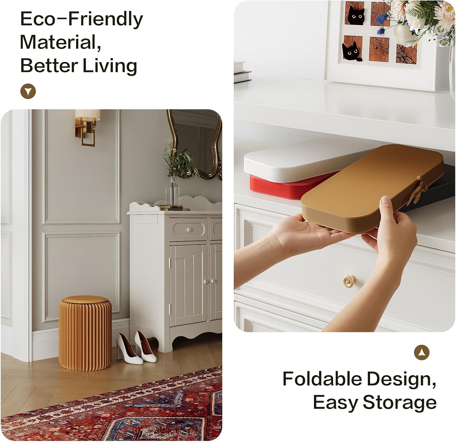 17 Inch Folding Stool 660lb Foldable Paper Stool, Eco-Friendly Kraft Paper Honeycomb Design Home Furniture Modern, Foldable to 1.2 Inch Round Foot Stool for Living Dining Room (Brown)