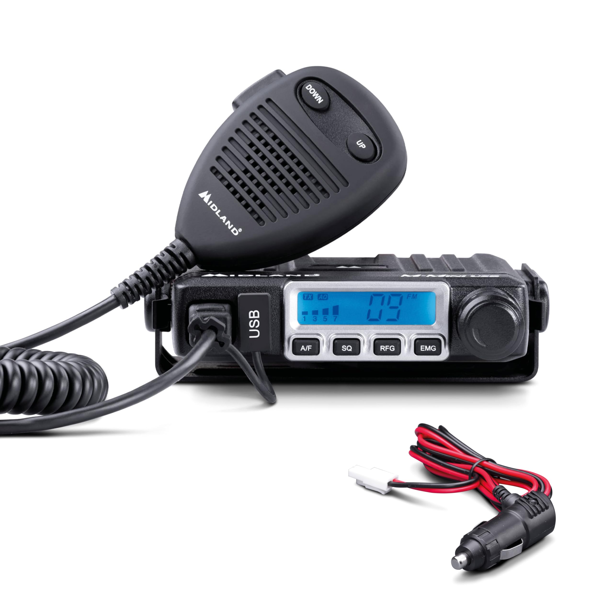 Midland M-MINI USB C1262.04, CB Radio Multistandard Mini CB Radio z Gniazdem USB - 40 AM/FM Kanałów, Multiband, Podwójny Squelch Mode, Wyjmowany Mikrofon - Łatwa Instalacja