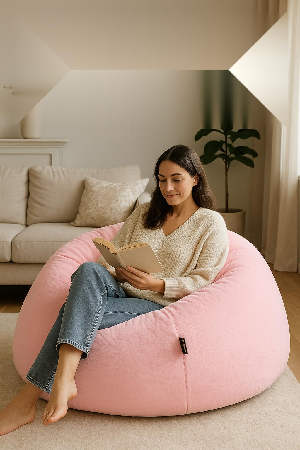Mollismoons XXXL Fur Bean Bag Chair � Pink, Pre-Filled with Beans, Jakkard Bottom, Washable Cover