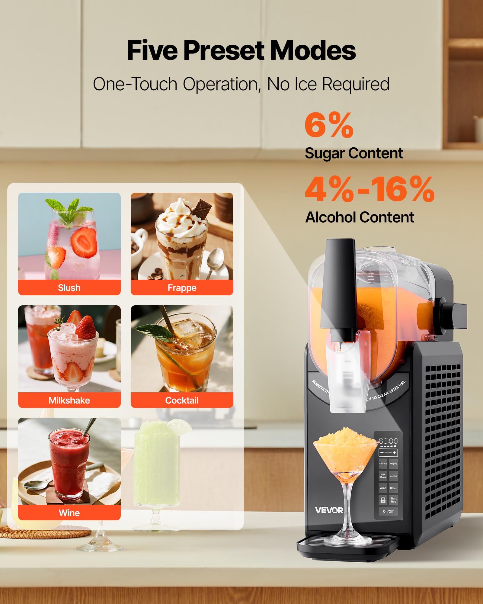 VEVOR Macchina per Granita da 2,6 L, Macchina per Bevande Ghiacciate Fredde con 5 Programmi Preimpostati, Funzinoe Autopulizia, Ghiacciate, Frappé, Milkshake, Cocktail