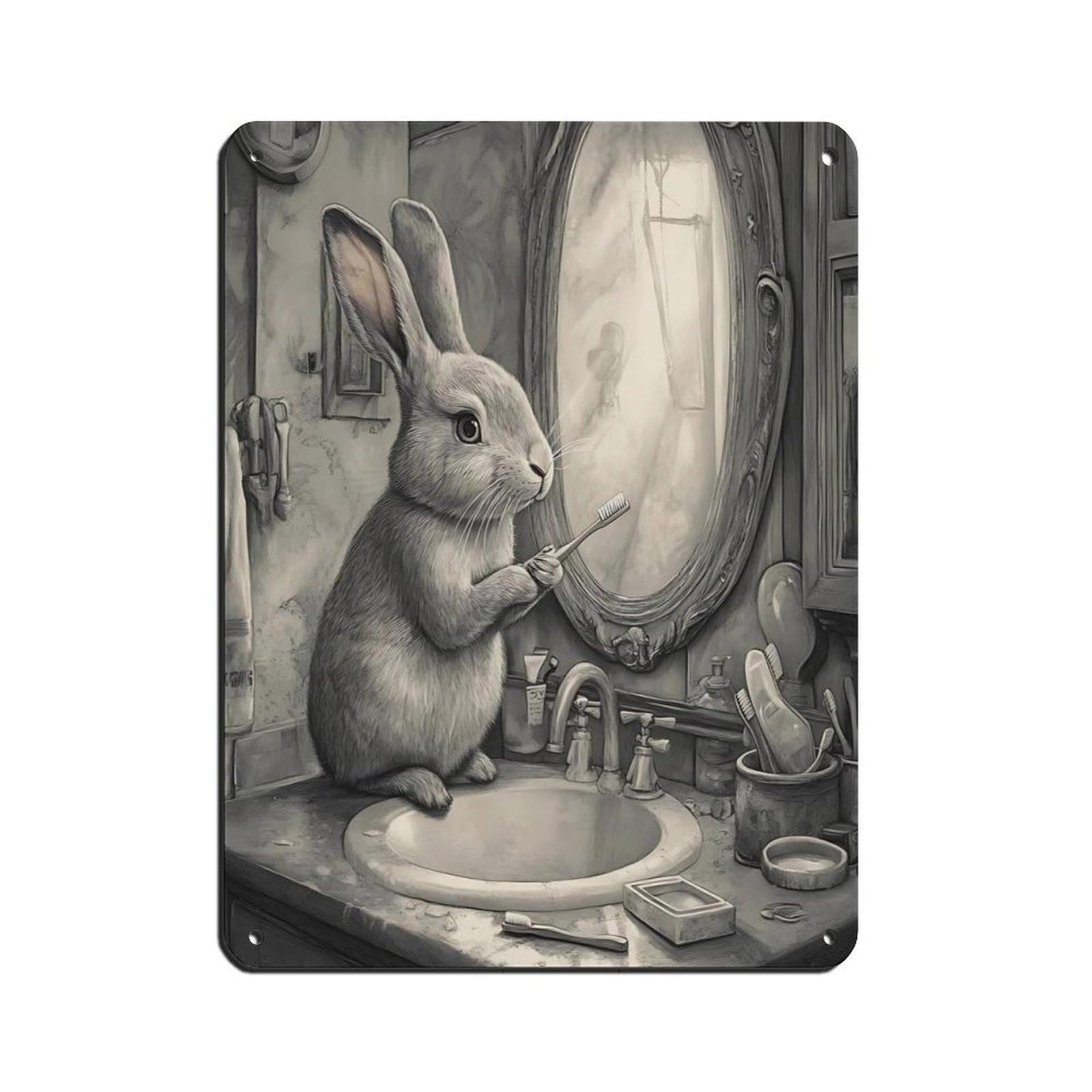 Whimsical Rabbit Bathroom Art Tin Sign Vintage Metal Pub Club Cafe Bar Home Wall Art Decoration Poster Retro 12x16inch(30x40cm)