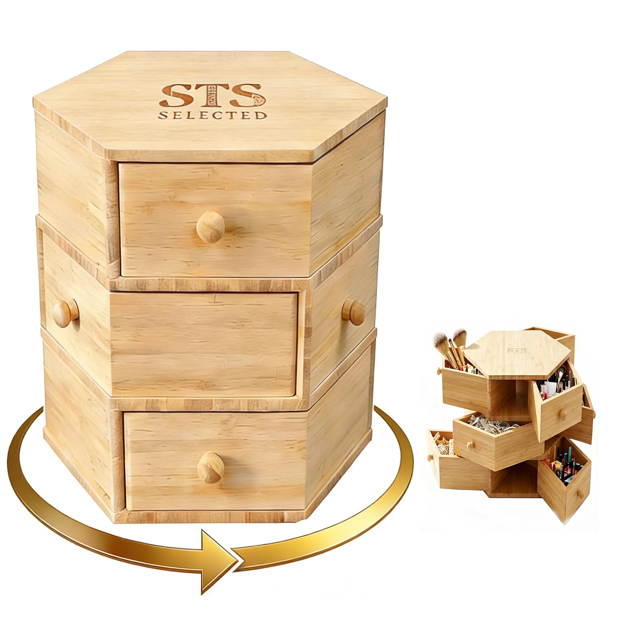 STS SELECTED Bamboo 360° Rotating Organiser,No Assembly Storage(3 Tier 9 Drawers)