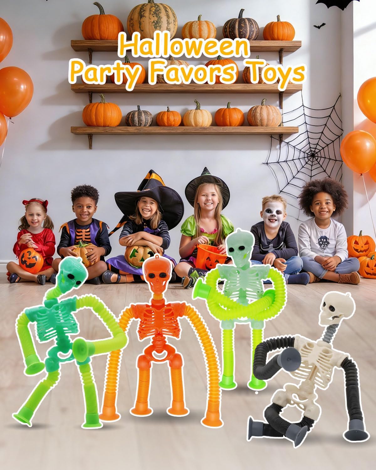 Pop Tubes Skeleton Halloween Toys 4 Packs, Bendable Strenchy Fidget Toys for Halloween Party Favors Treat Bags Kids Autism Toys Stree Relief Suction Toys Stuffers Basket Gifts