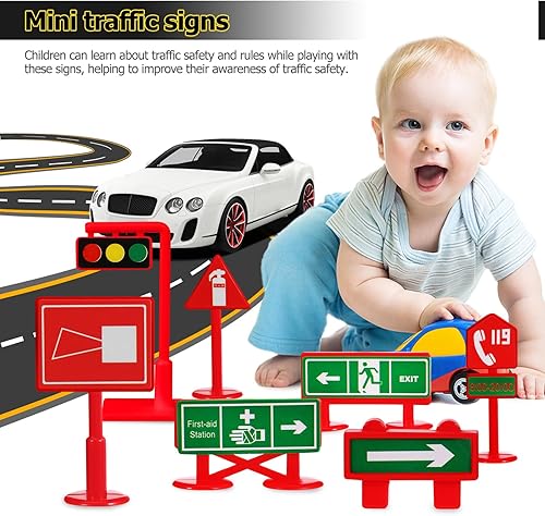 Miniatura 7 de Gadpiparty Juego de 28 mini señales de tráfico para jugar, señales de tráfico, mini conos, lámpara de semáforo, juguete educativo para niños