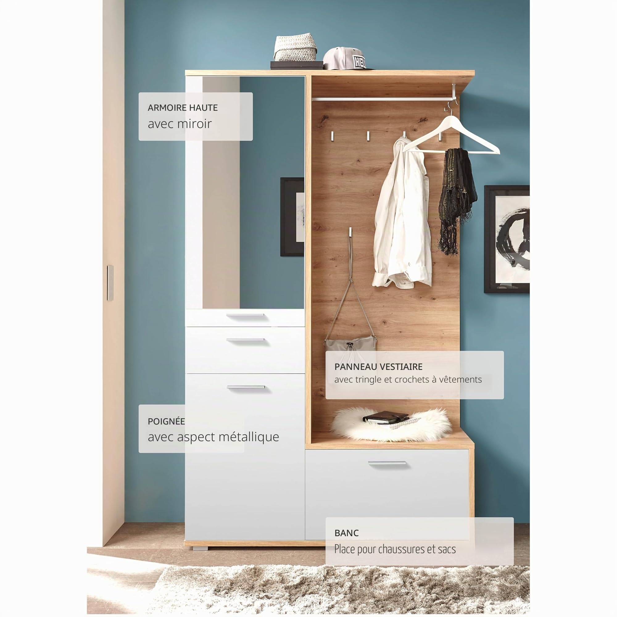 Stella Trading Entra Ensemble de vestiaire d'entrée en Aspect chêne Artisan, Blanc - Vestiaire Compact stylé avec Miroir pour Votre entrée - 117 x 198 x 38 cm (L/H/P)