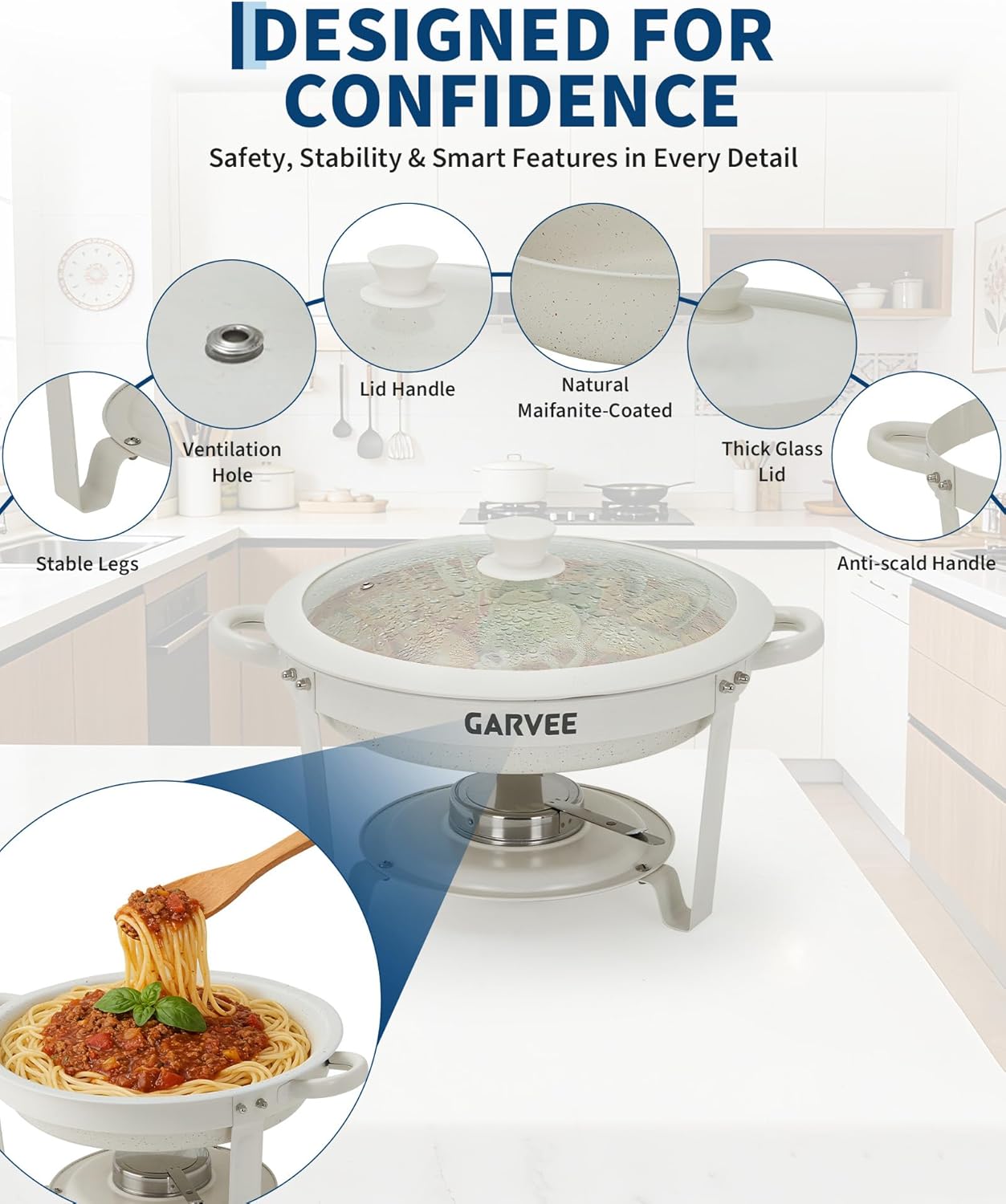 Maifanite-Coated Chafing Dishes for Buffets, 6 Pack 5.3QT White Round Chafing Dish Set with Transparent Lids, Stainless Steel Commercial Food Warmer for Parties, Weddings, Restaurants & Catering