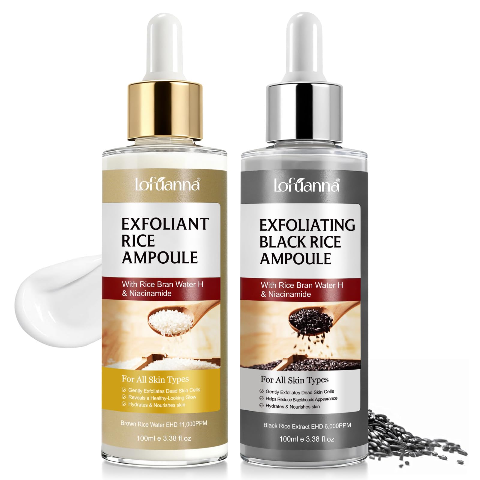 Sérum Exfoliant Visage au Riz Blanc 100ml + Riz Noir 100ml, Peeling Visage Doux AHA BHA VB3, Élimine Peaux Mortes, Affine le Grain de Peau, Réduit Pores, Éclat & Hydratation, Soin Coréen,Toute la Peau