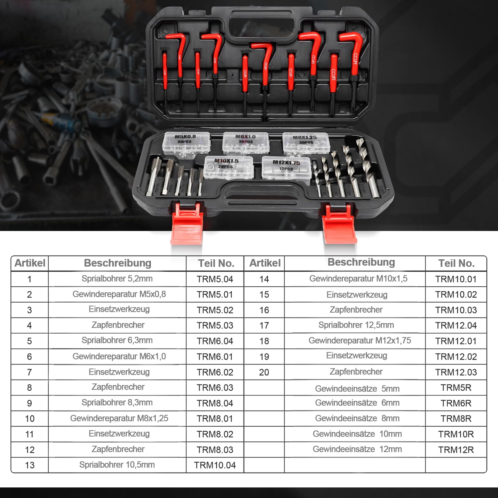 CCLIFE Juego de reparación de roscas, 150 piezas, HSS Helicoil Set con rosca M5, M6, M8, M10 y M13, juego de herramientas con almacenamiento portátil