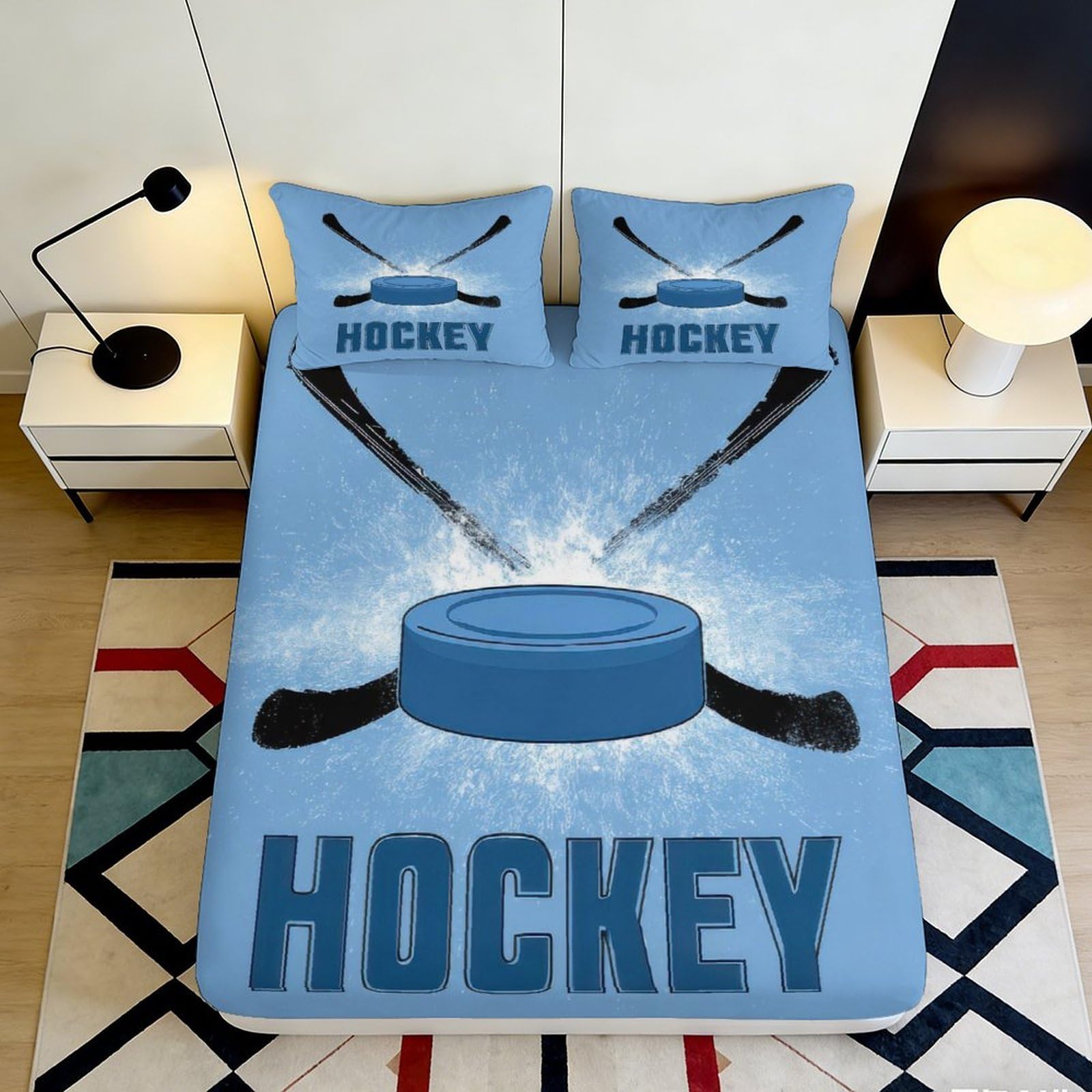 3D Printed Hockey Puck Fitted Sheet Microfiber Soft Blue Sports Bed Cover for Bedroom Guest Room Decor 90x200x25cm