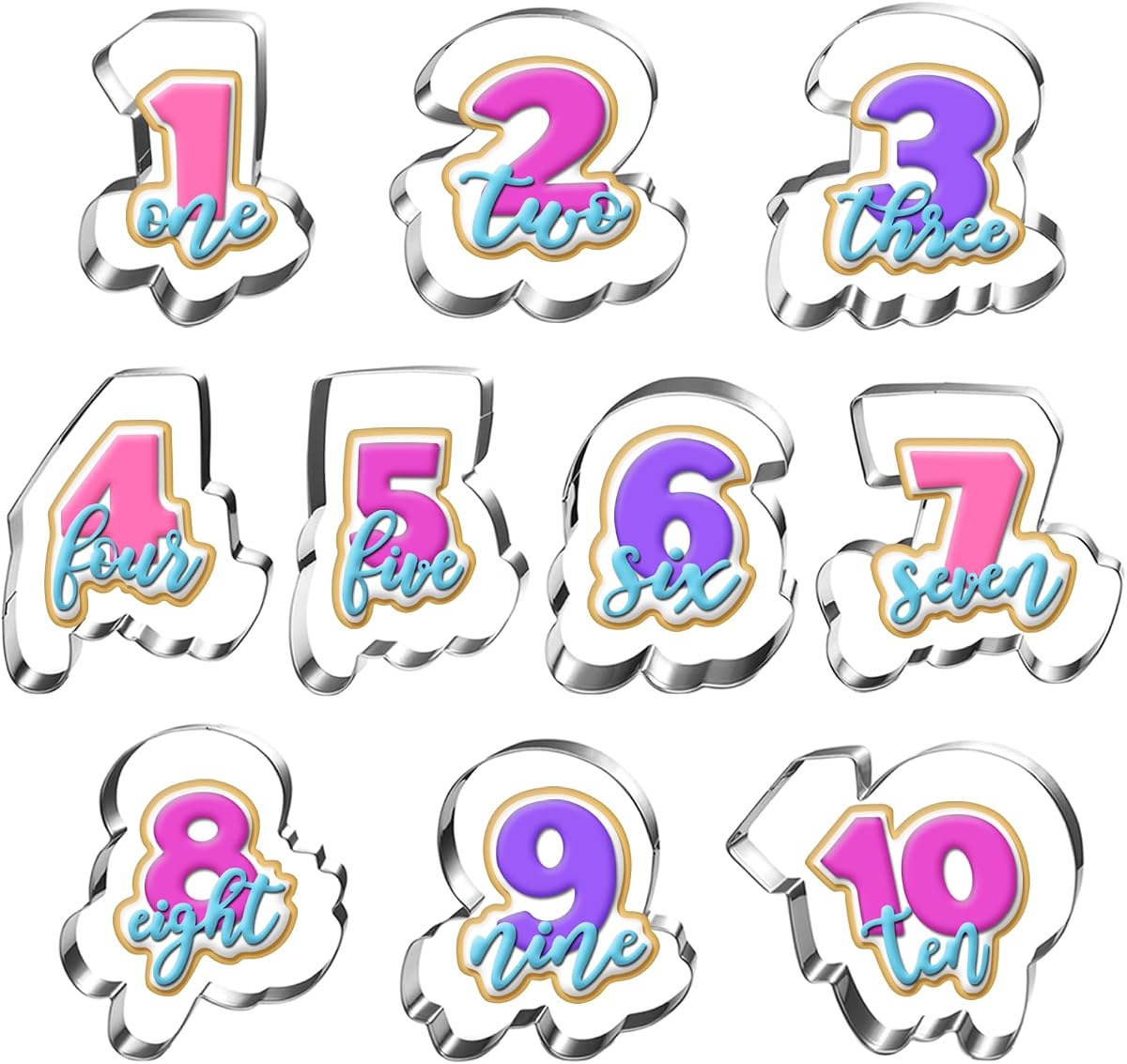 LUBTOSMN 10 Pcs Large Number Cookie Cutter Set with Word, Dishwasher-Safe | Rounded-edge stainless steel cutters for cookies, fondant, sandwiches, birthdays, and family baking treats