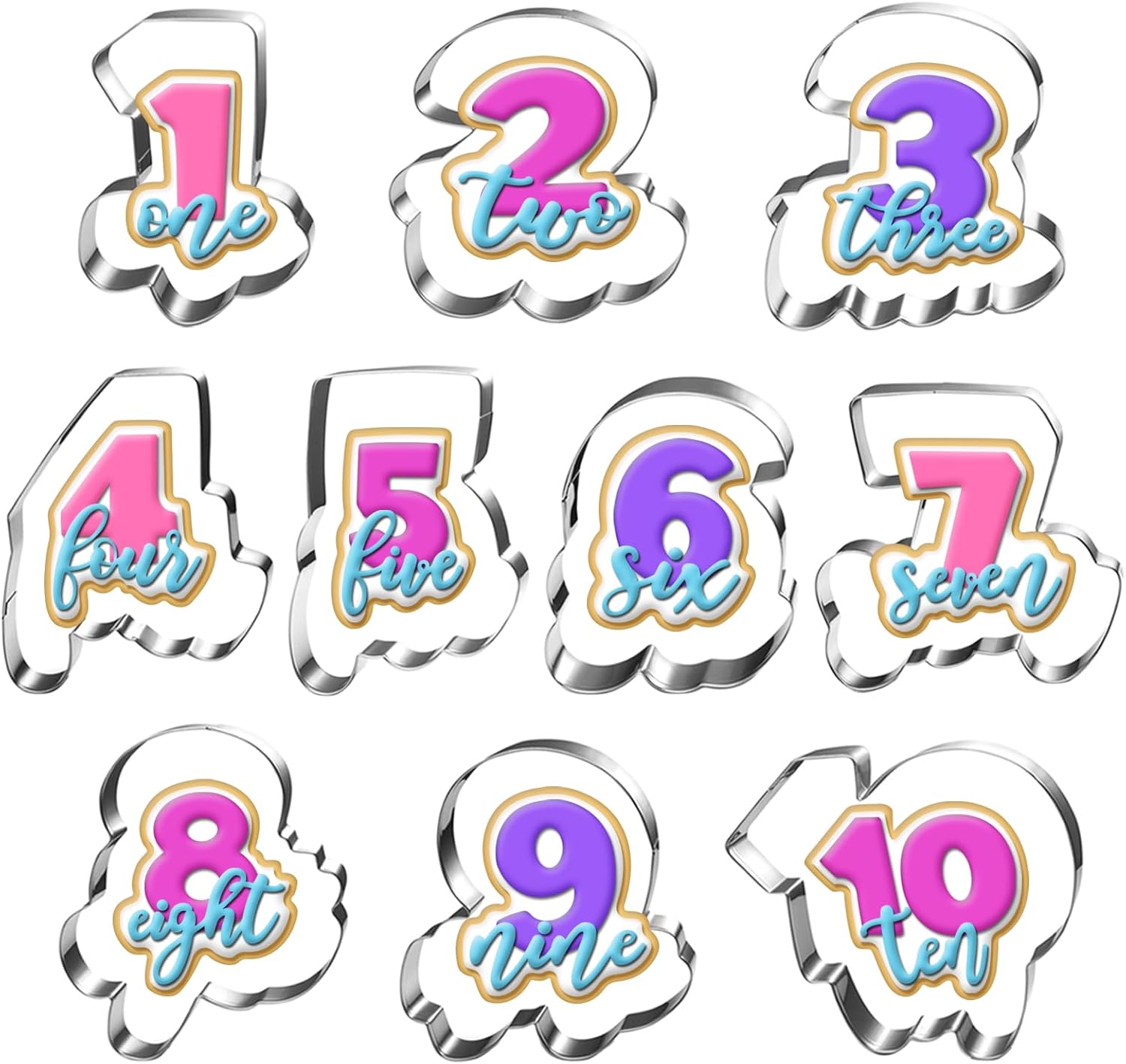 LUBTOSMN 10 Pcs Large Number Cookie Cutter Set with Word, Dishwasher-Safe | Rounded-edge stainless steel cutters for cookies, fondant, sandwiches, birthdays, and family baking treats