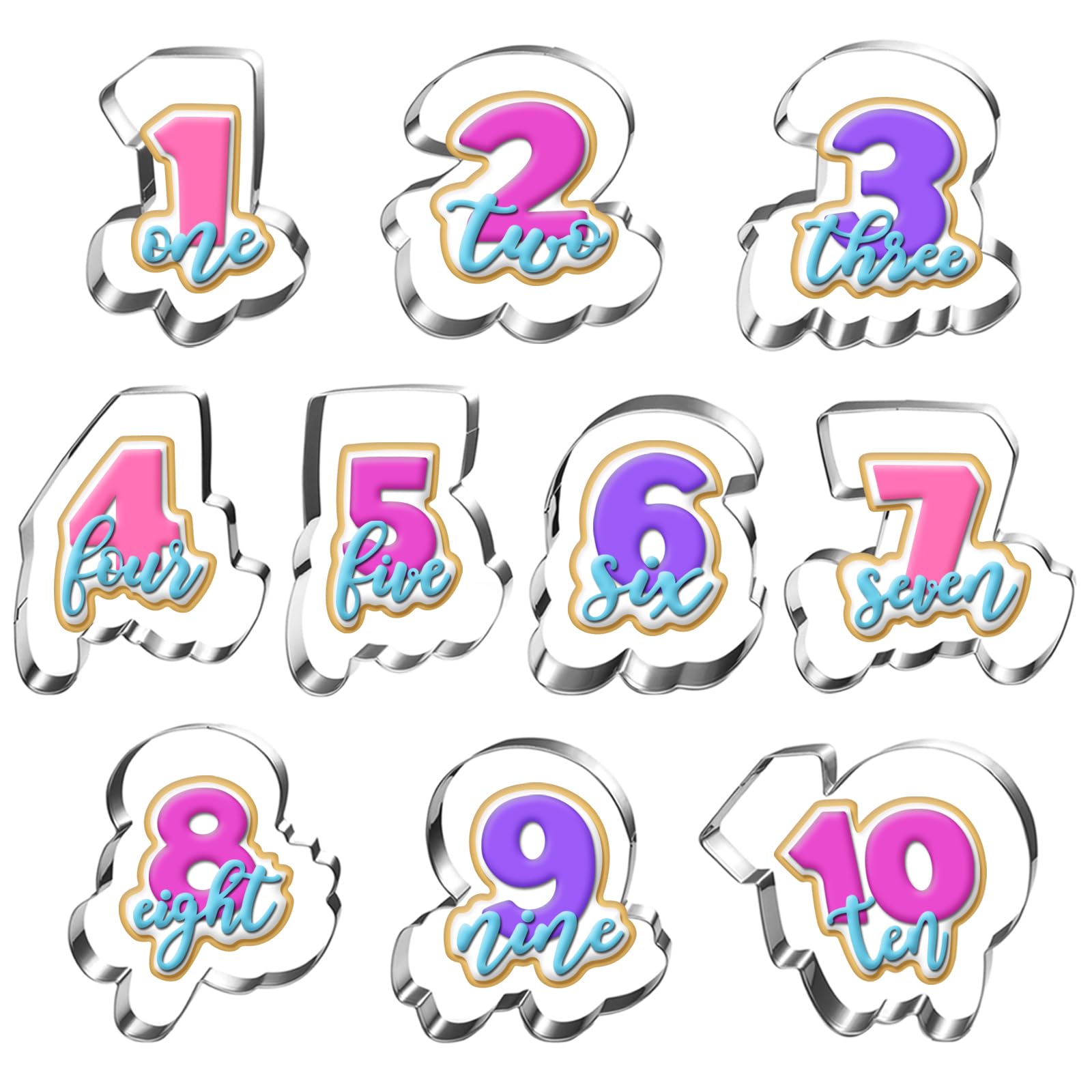 Juego de cortadores de galletas de gran número con palabra, 10 piezas, apto para lavavajillas, #1#2#3#4#5#6#7#8#9#10 forma de cortador de galletas de fondant