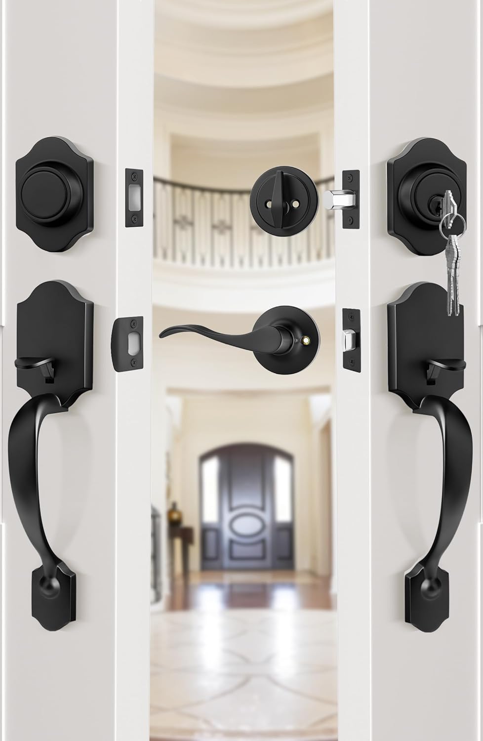 Goldenwarm Double Front Door Lock Set, Black Double Door Handle with Dummy, Double Classic Front Door Hardware Set with Reversible Wave Handle Lever, Matte Black Double Entry Door Lock Set