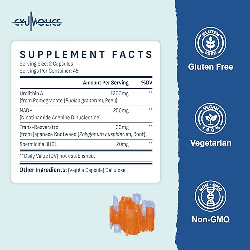 Miniatura 5 de Urolitina de dosis alta Un suplemento de 1200 mg para mitocondrias, soporte de longevidad celular para mujeres y hombres - NAD+, trans-resveratrol