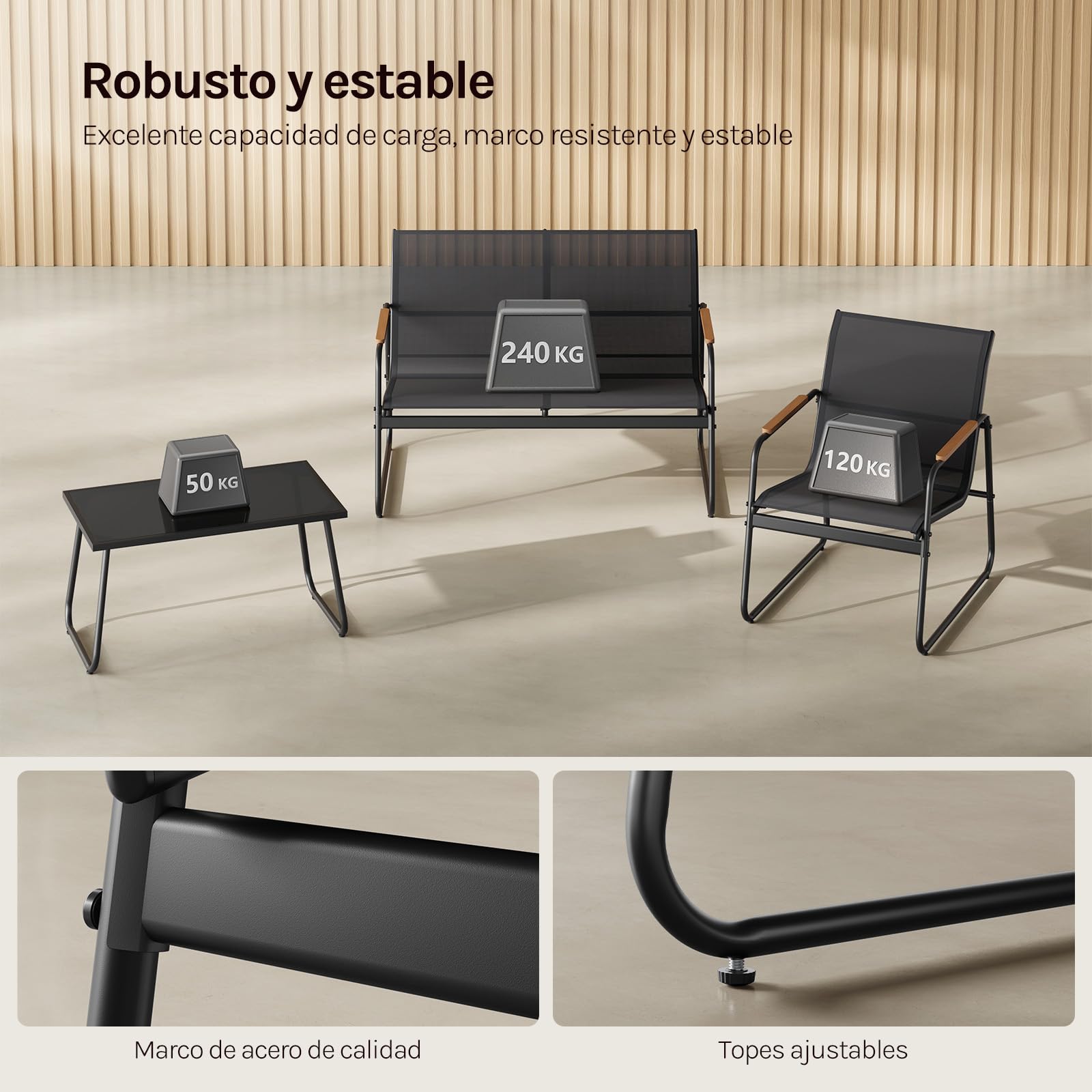 WOLTU Muebles Jardín de 4 Piezas, 1 Mesa 2 Sillas Terraza y 1 Sofá, Conjunto Jardín Exterior Resistente a Intemperie, Estructura Metal Resistente, Tela Transpirable, para Balcón Patio Terraza, Negro