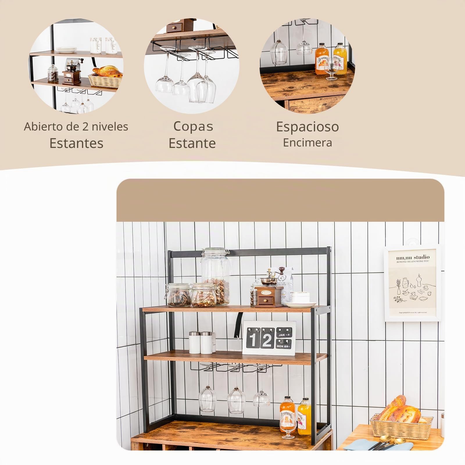 KOMFOTTEU Mueble de Cocina para Vino, Armario de Bar para 18 Botellas con Soporte para Copas, Armario Buffet con Cajón y Estantes Abiertos, Soporte para Microondas para Comedor, 74 x 40 x 160 cm