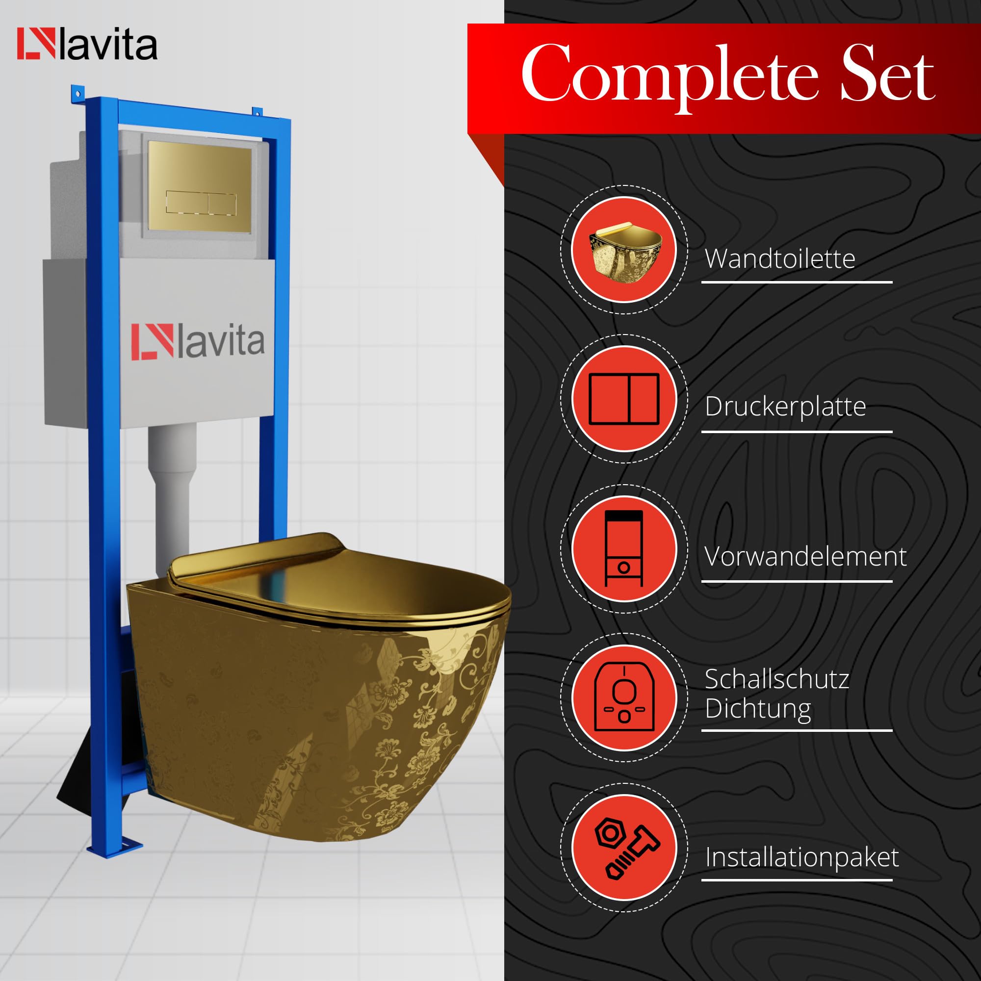 Lavita LAV 101 Sofi Slim Gold Eye Élément mural WC 40 cm + évier mural sans bord + panneau de commande LAV 200.3.5 Gold | Kit complet | Réservoir de chasse encastré