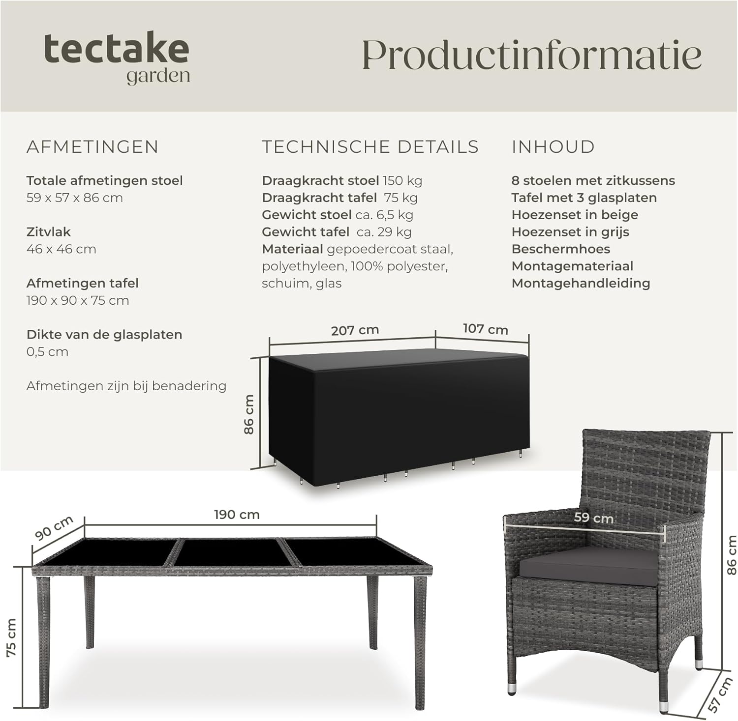 Product information graphic showing dimensions and technical details of the tectake garden furniture set.