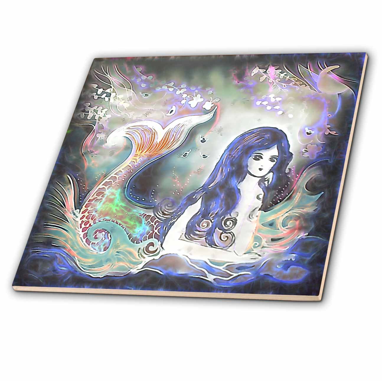 3dRose ct_116246_1 Luminous Beautiful Mermaid in The Water Under The Moon Fantasy Art-Ceramic Tile, 4