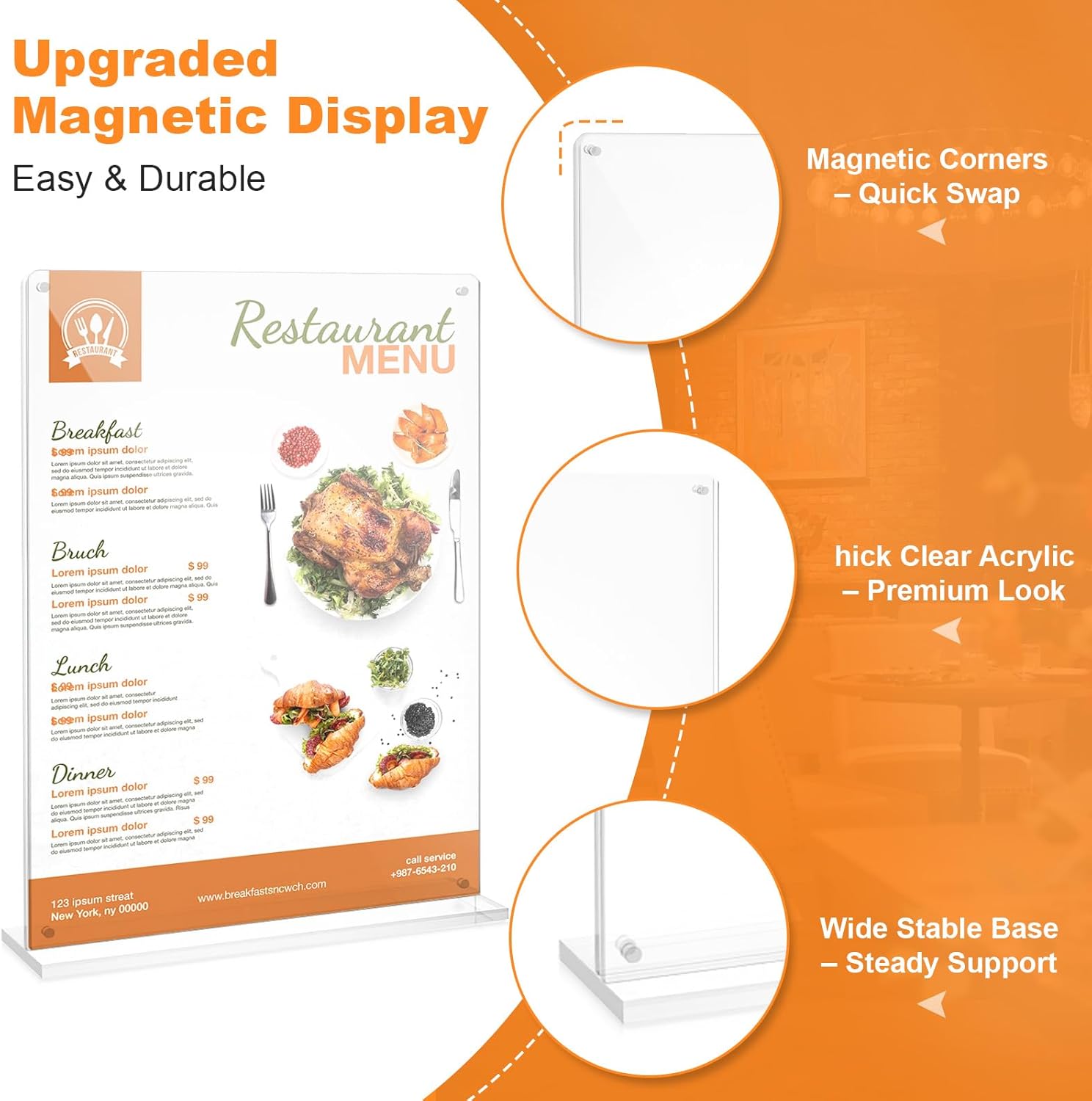 8.5x11 Acrylic Sign Holder Table Top with Magnetic Corners, 4-Pack, Rounded Corners – Quick Change Display Stand for Menus, Posters and Ads, Restaurant, Office, Events, Retail