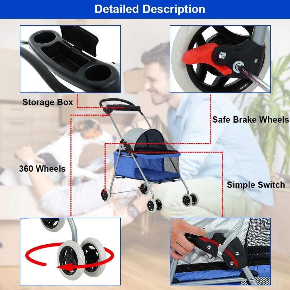 Pet Stroller 4 Wheels Posh Folding Waterproof Portable Travel Cat Dog Stroller with Cup Holder,Blue : Pet Carrier Strollers : Pet Supplies