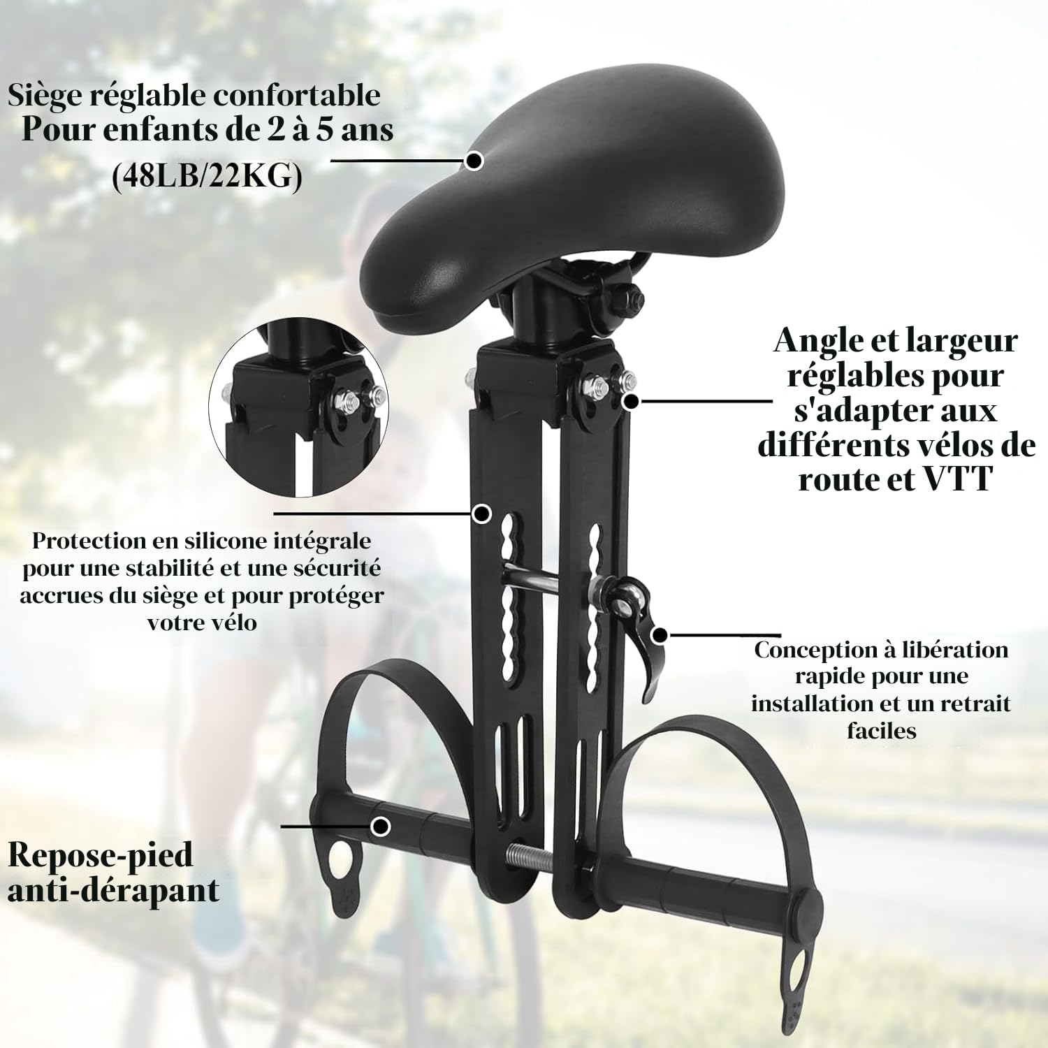 Selle de Vélo Enfant Avant avec Guidon et Pédalier, Siège Vélo Enfant Compatible VTT Adulte, Porte Enfant Amovible 2-5 Ans
