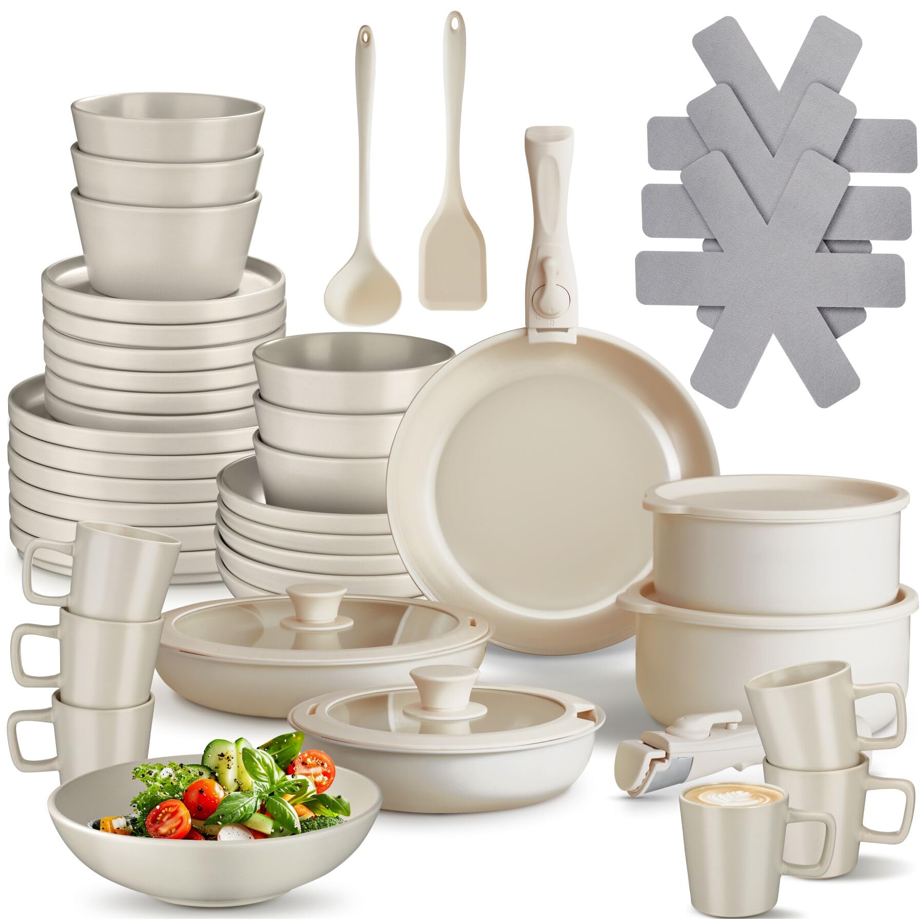 tectake® Set cucina per 6 persone 46 pcs, stoviglie e pentole, 24 pcs piatti ciotole e tazze, adatte a microonde, 11 pcs padelle, coperchi pentole manici removibili, spatola, mestolo - Tortora/Bianco