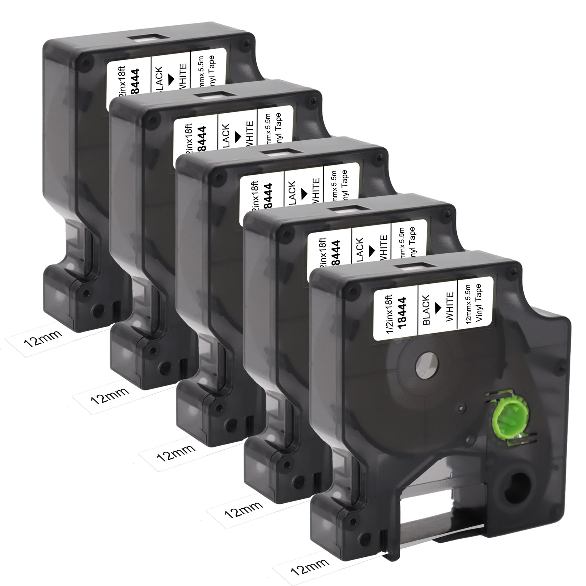 Cinta de etiquetas de vinilo industrial compatible con Dymo Rhino 18444, etiqueta negra sobre blanco, 12 mm x 5,5 m, 5 unidades, para Dymo Rhino 4200, 5200, 3000 3MPL200