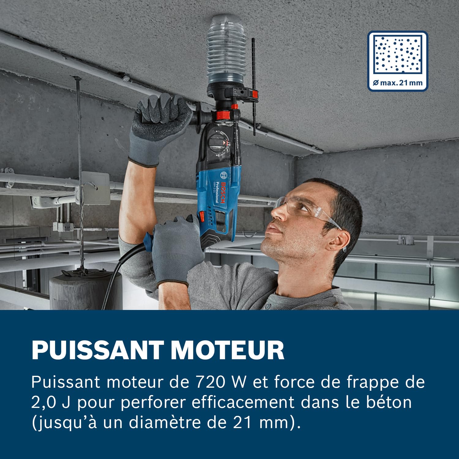 Bosch Professional perforateur GBH 2-21 (SDS plus, mandrin automatique avec adaptateur SDS plus, poignée auxiliaire, chiffon, butée de profondeur, coffret de transport)