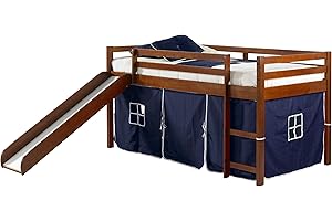 Donco Kids Low Loft Bed with Slide and Tent, Blue and Light Espresso