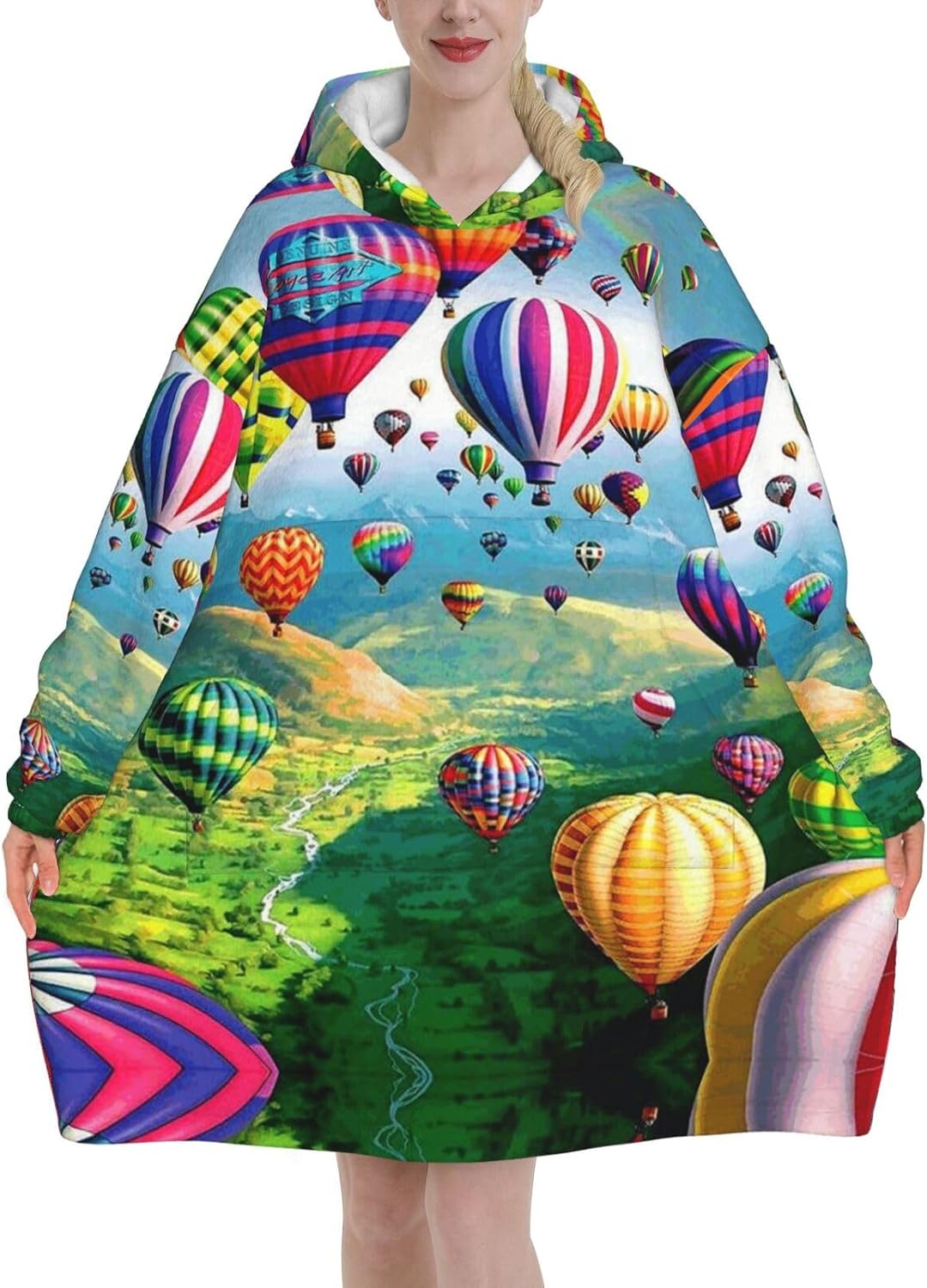 Hot Air Balloons Print Blanket Hoodie Fleece Sweatshirt Blanket With Sleeves And Pockets