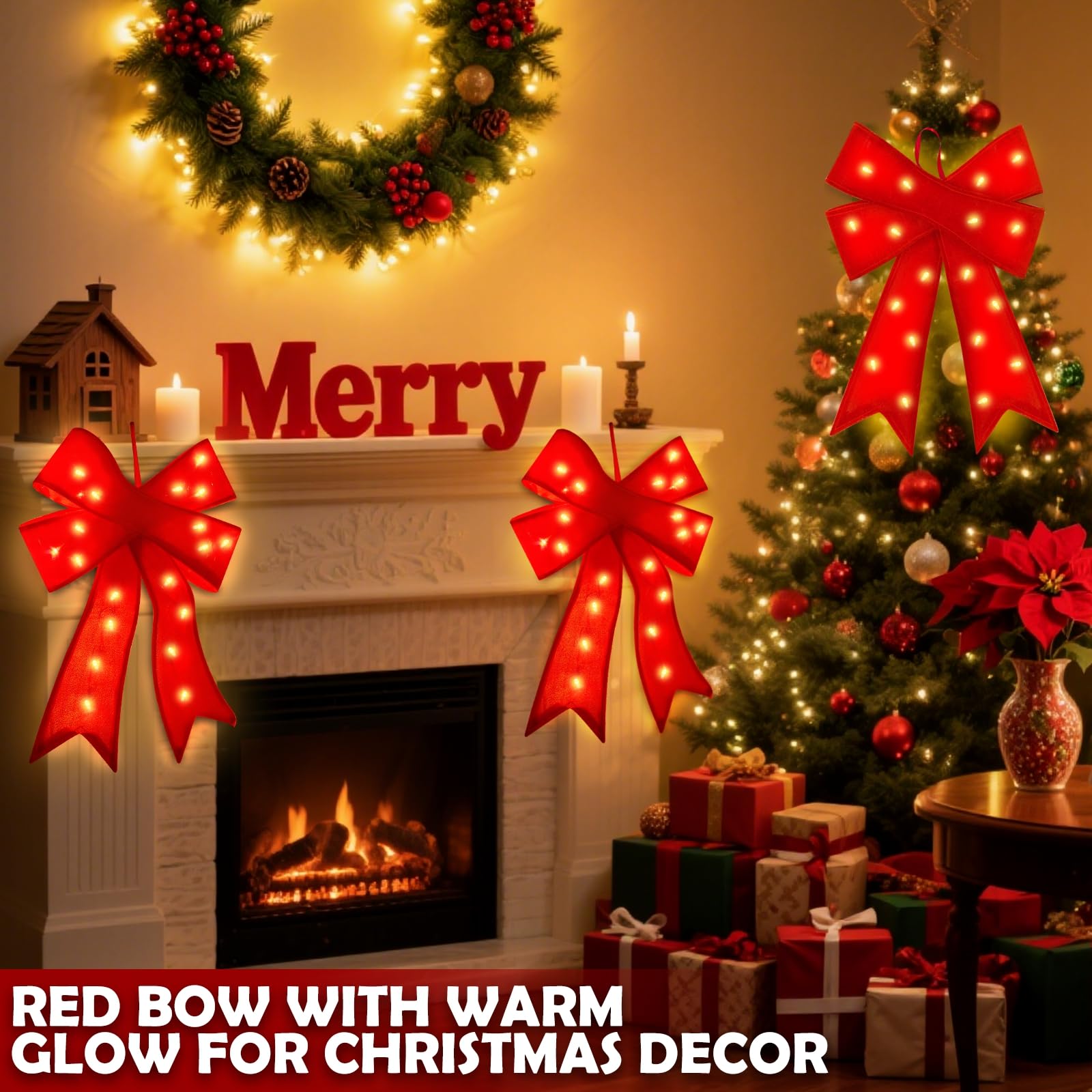 3 Stück 61 x 35,6 cm Prelit rote Weihnachtsschleifen mit 20 LED-Lichtern und Fernbedienung-Timer, 8 Modi, batteriebetrieben, große Samt-Weihnachtsschleifen für Kränze, Girlanden, Baumspitze