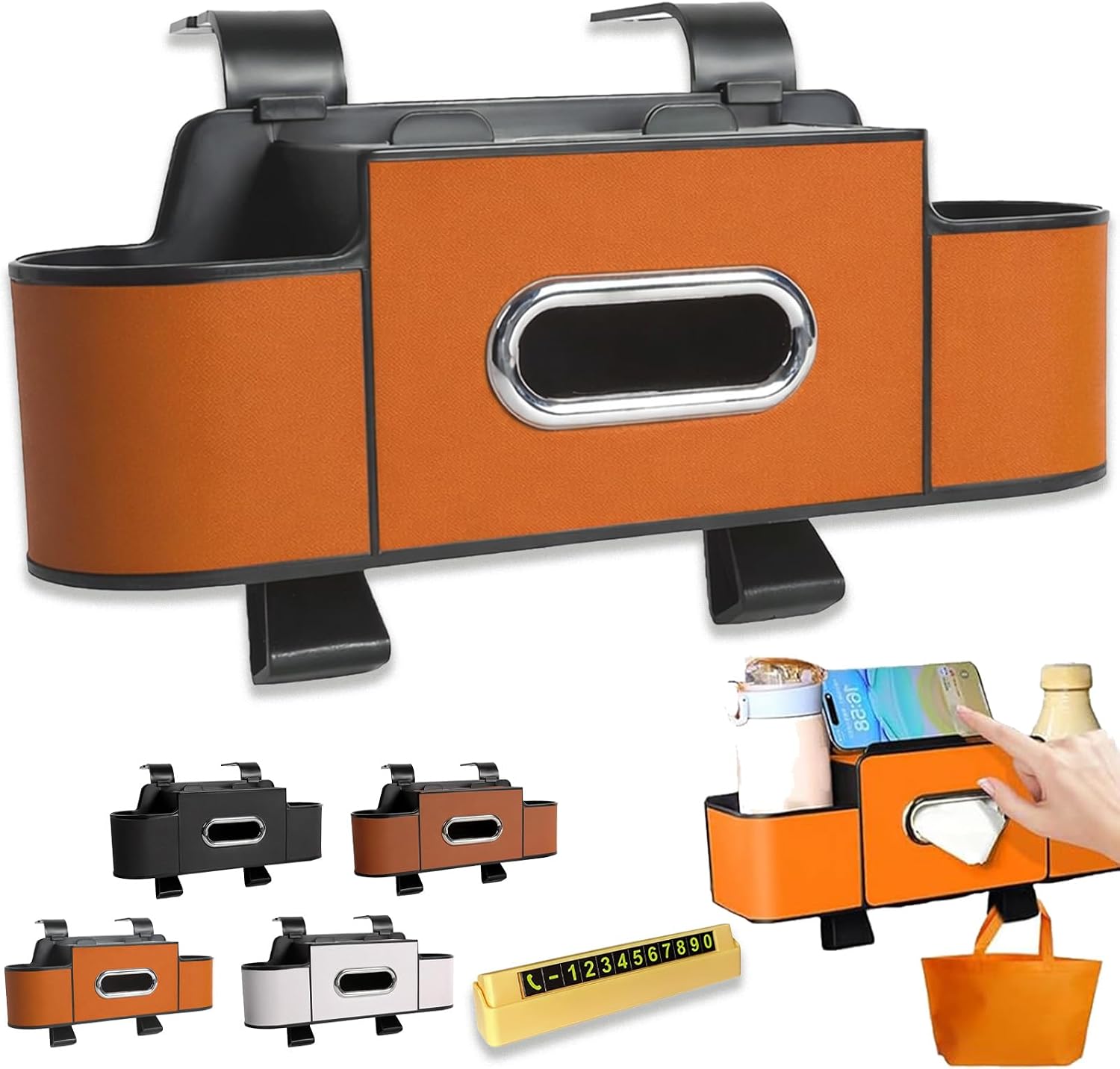 Multifunctional Car Organizers and Storage Box, 3-in-1 Backseat Car Organizer with 2 Cup Holders & Hooks, Back Seat Car Organizer with Tissue Box, for Phone/Snacks/Drinks/Handbag (Orange)