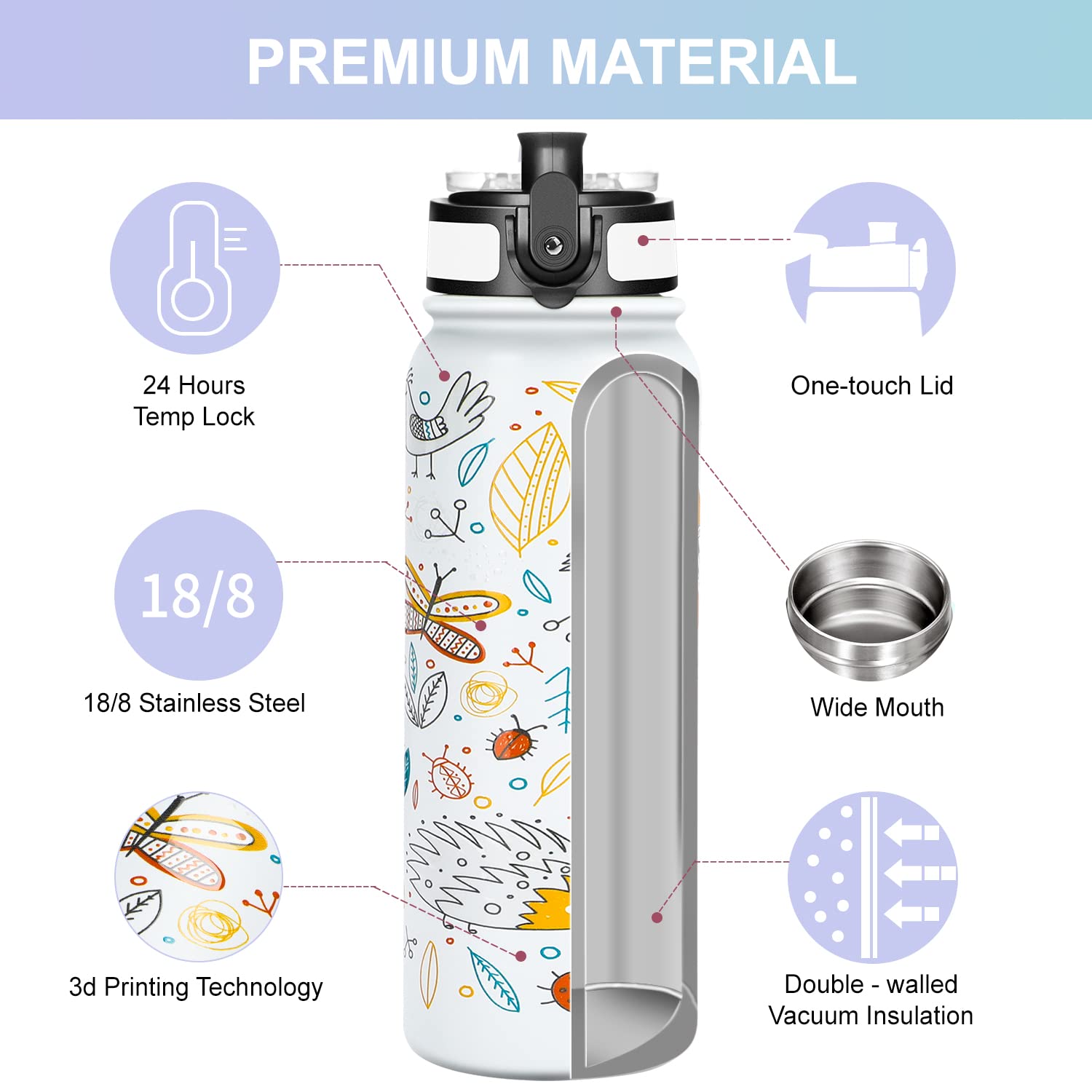 GOPPUS 600ml/20oz Stainless Water Bottle with Straw Double Wall Insulated Bottles with Strap One Hand Open Vacuum Thermal Flask Leakproof Keep Cold Bottles with Flip Top Lid BPA Free (White Animal) - Image 3