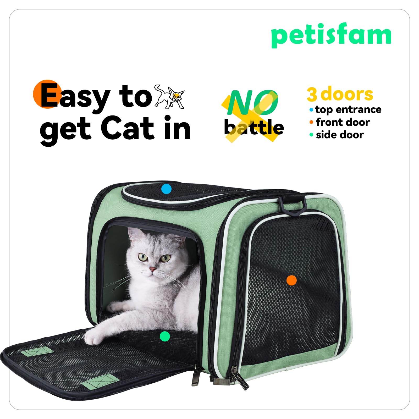 petisfam Top Load Cat Carrier for Medium Cats and Small Dogs with Washable Cozy Bed, 3 Doors and Shoulder Strap. Easy to get cat in, Easy Storage, Lightweight, Airline Approved - image 2