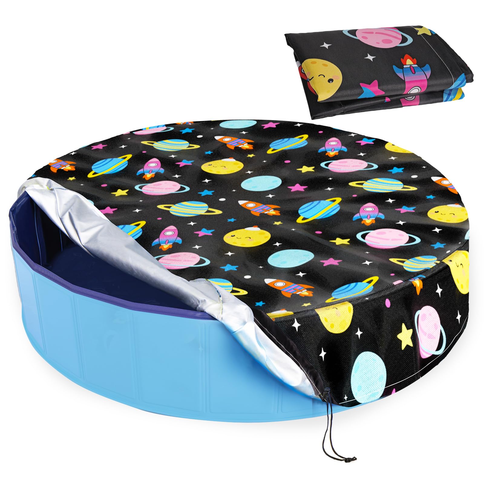Docuwee Round Pool Cover 63"(5 Ft), Foldable Kiddie Solar Cover Fit Dog Collapsible Swimming Pool, Pets Kids Bath Tub, Anti-UV Dustproof Safety Pool Covers, Space Planet
