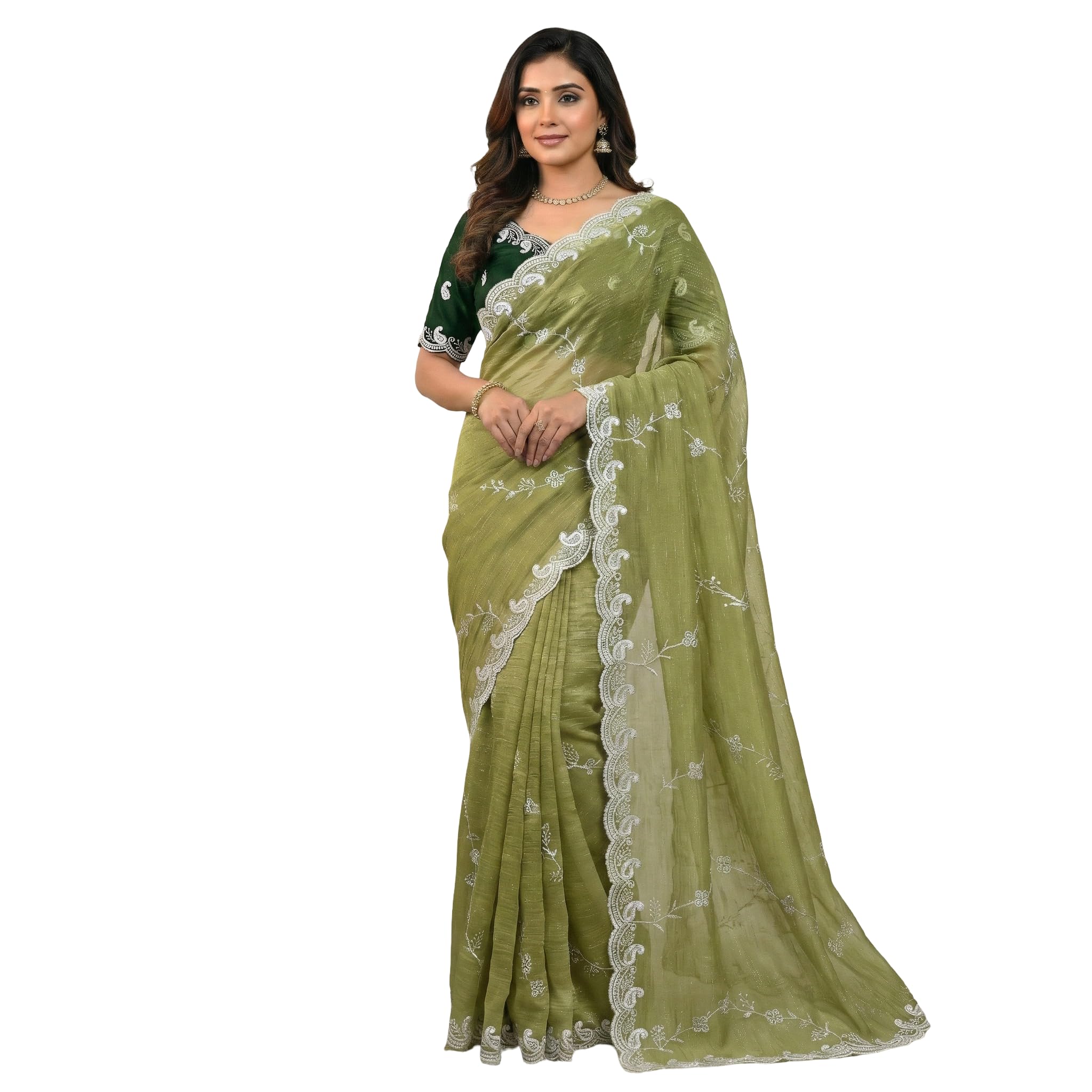 click the mall Women's Exquisite Shimmer Saree with Embroidered Lace Border, Elegant, Soft Lightweight Fabric, Contrast Chinon Silk Blouse-picture-14