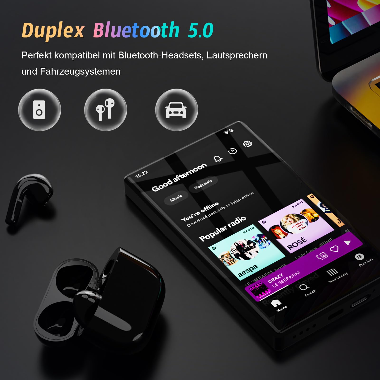 96 GB MP3 Player mit Android 13 OS, 5 Zoll MP3 Player mit Bluetooth und WiFi, 1080P HD MP4 Player, Musik Player mit vorinstallierten von Spotify, Audible und Play Store