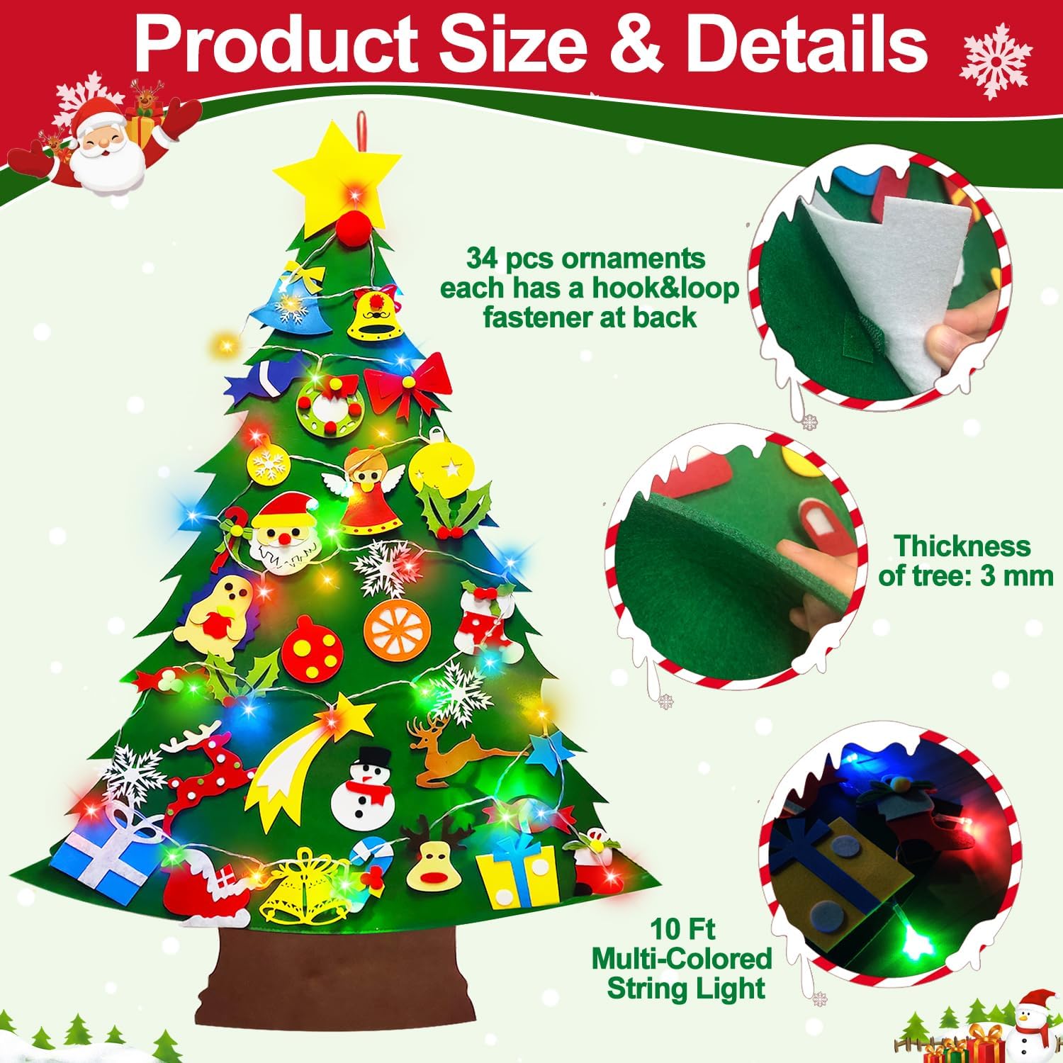 3.7 Ft Felt Christmas Tree for Toddlers, Stocking Stuffers for Kids with Colorful Lights 34 Ornaments Xmas Gifts for Grandkids Boys Girls New Year Supplies Wall Hanging Christmas Party Decorations