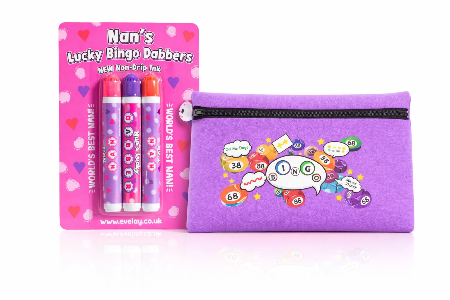 evelay Bingo Dabber Case with 3 Non-Drip Ink Dabbers, Pink and Purple Storage Bag, Lucky Number 7 Zip Pull, Gift Set for Mum Nan Grandma (Nan, Lilac)