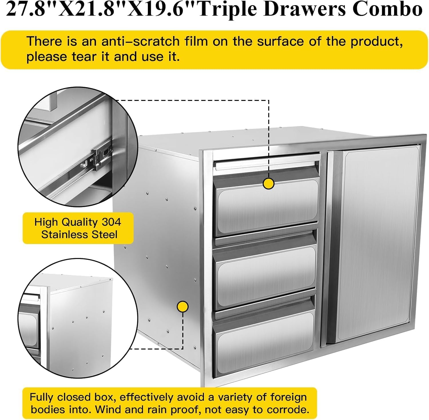 Outdoor Kitchen Drawer Combo, Stainless Steel Sealed Storage Combo with Triple Drawers, Outdoor Kitchen for BBQ Island, Grilling Station, Outside Cabinet (27.8" W x 21.8"D x 19.6" H)（Left Drawer）