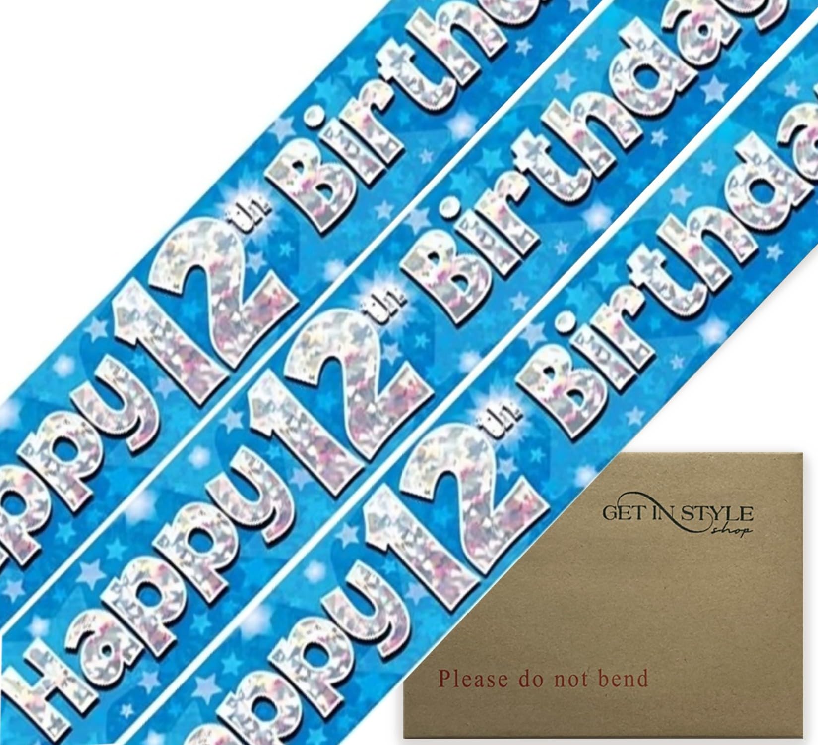 9ft Banner Happy 12th Birthday Blue Holographic Foil Pennant Age 12 (274cm)