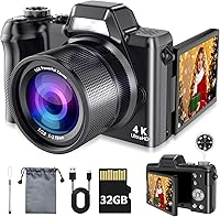 Kasukani 4K 56MP Point & Shoot Camera with 180° Flip Screen, 16X Zoom, 32GB SD Card - Compact Vlogging & Travel Camera for Beginners